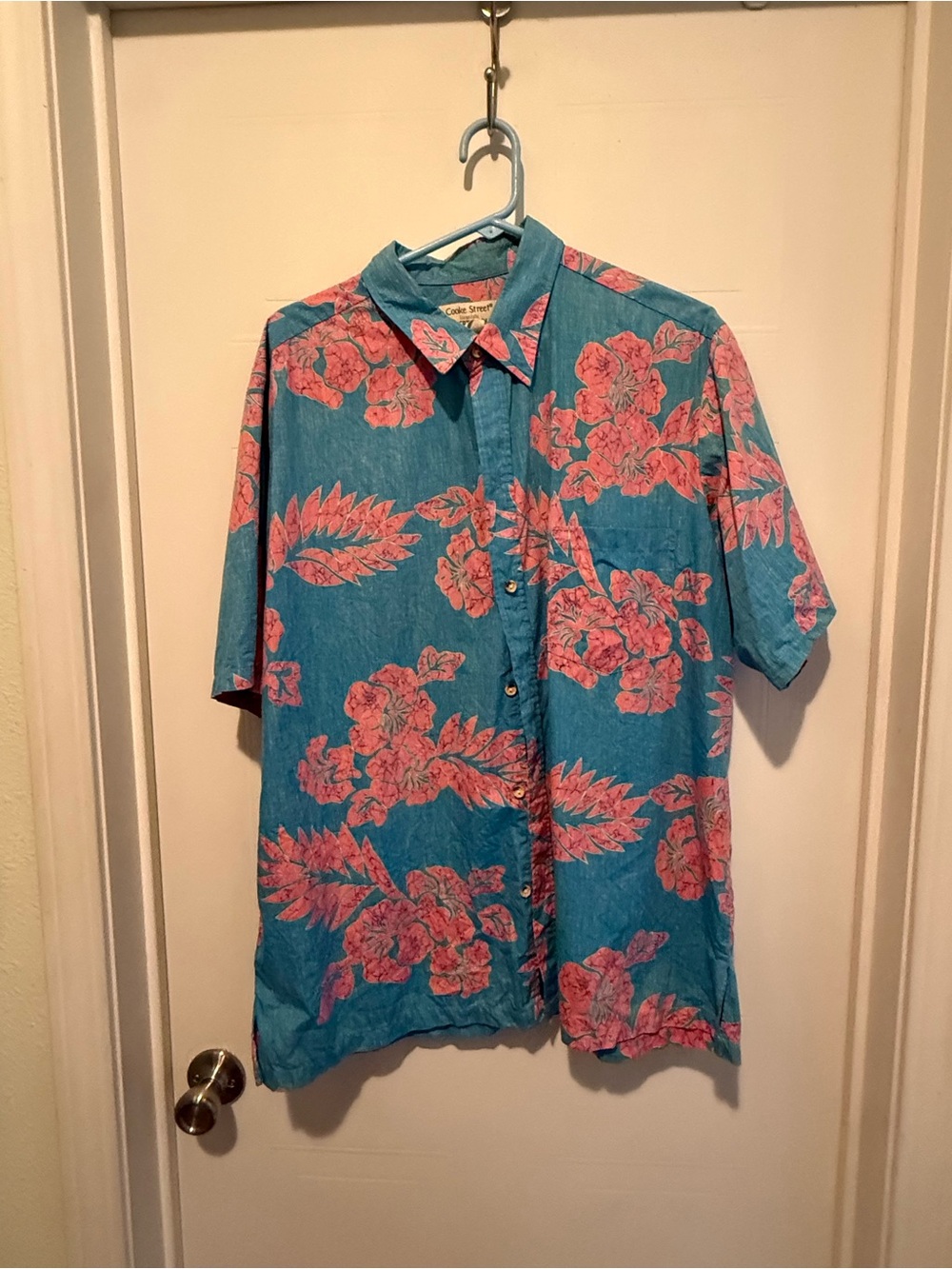 Men's Blue Button-Down Shirt with Pink Floral Print